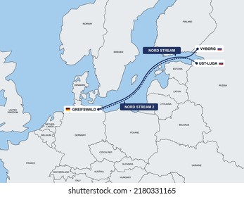 Europe map with gas pipeline from Russia to Germany and european union. Flat vector illustration concept. Nordstream. 