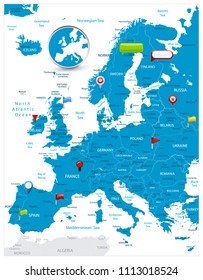 Europe Map and glossy icons on map. Detailed vector illustration of map.