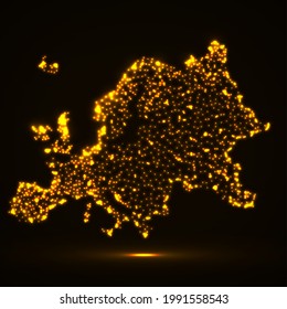 Europe map with glowing particles. Luminous background. Vector illustration