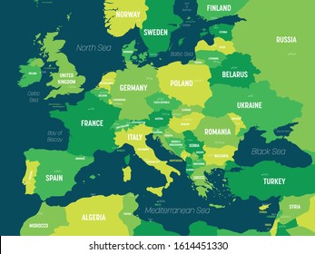 Europe map - green hue colored on dark background. High detailed political map of european continent with country, capital, ocean and sea names labeling.