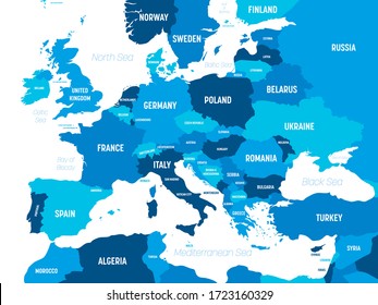 Europe map - green hue colored on dark background. High detailed political map of european continent with country, capital, ocean and sea names labeling.