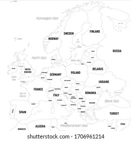 Europe map. High detailed political map of european continent with country, capital, ocean and sea names labeling.