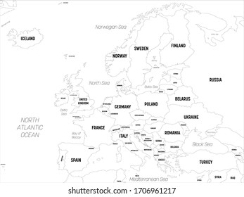 Europe map. High detailed political map of european continent with country, capital, ocean and sea names labeling.