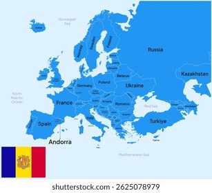 Mapa da Europa Destacado em Andorra País com Bandeira e capital