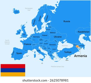 Mapa da Europa Destacado na Armênia País com Bandeira e capital