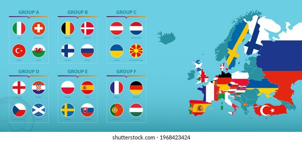 Europe map with highlighted European football tournament 2020 participants countries. Flag collection sorted by group. Vector set.