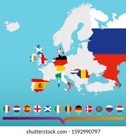 Europe map with highlighted football tournament host countries.