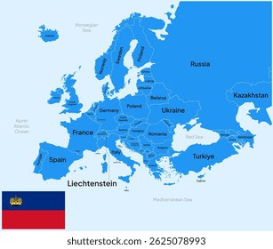 Mapa da Europa Destacado em Liechtenstein País com Bandeira e capital