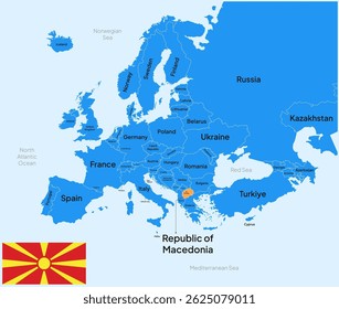 Mapa da Europa Destacado na República da Macedônia País com Bandeira e capital
