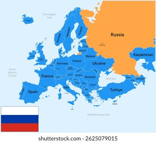 Mapa da Europa Destacado na Rússia País com Bandeira e capital