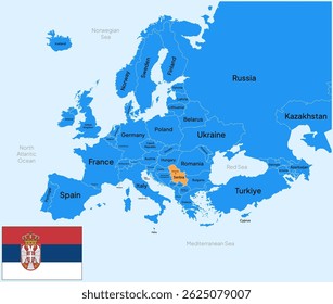 Mapa da Europa Destacado na Sérvia País com Bandeira e capital
