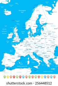 Europe map - highly detailed vector illustration Image contains next layers: - land contours - country and land names - city names - water object names - navigation icons 