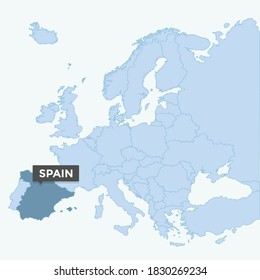 Europe map with the identication of Spain. Map of Spain. Location, information design. Vector stock