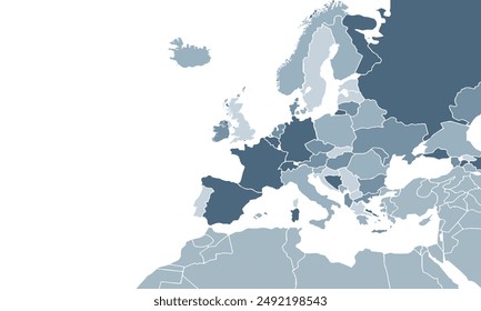 Europe map with individual colors,isolated on white background for website layouts,background,education, precise,customizable,Travel worldwide,map silhouette backdrop,earth geography, political,report