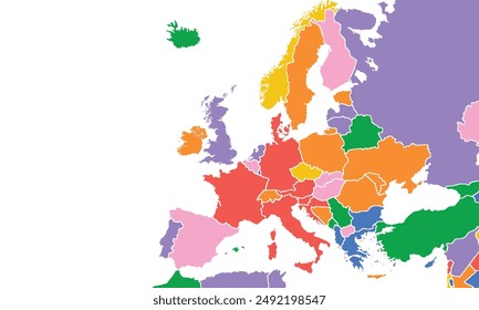 Europe map with individual colors,isolated on white background for website layouts,background,education, precise,customizable,Travel worldwide,map silhouette backdrop,earth geography, political,report