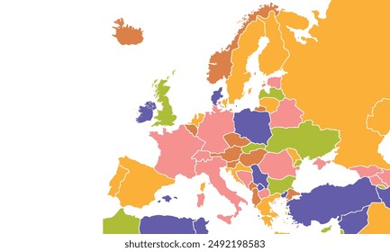 Europe map with individual colors,isolated on white background for website layouts,background,education, precise,customizable,Travel worldwide,map silhouette backdrop,earth geography, political,report