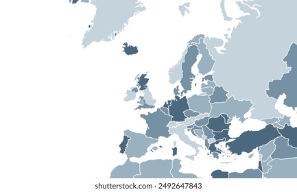 Europe map with individual colors,isolated on white background for website layouts,background,education, precise,customizable,Travel worldwide,map silhouette backdrop,earth geography, political,report