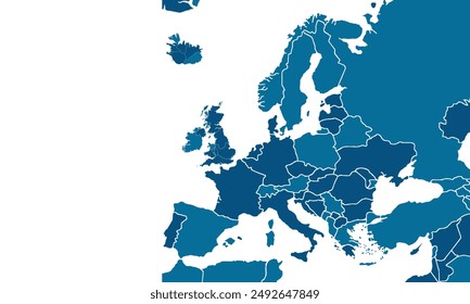 Europe map with individual colors,isolated on white background for website layouts,background,education, precise,customizable,Travel worldwide,map silhouette backdrop,earth geography, political,report