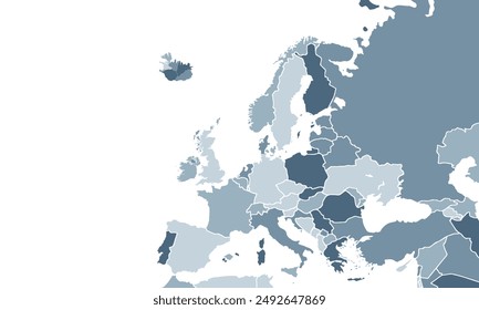 Europe map with individual colors,isolated on white background for website layouts,background,education, precise,customizable,Travel worldwide,map silhouette backdrop,earth geography, political,report