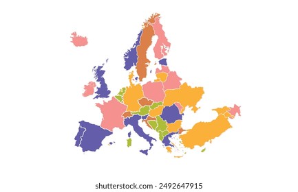 Europe map with individual colors,isolated on white background for website layouts,background,education, precise,customizable,Travel worldwide,map silhouette backdrop,earth geography, political,report