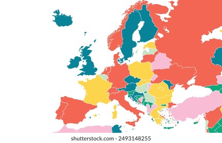 Europe map with individual colors,isolated on white background for website layouts,background,education, precise,customizable,Travel worldwide,map silhouette backdrop,earth geography, political.