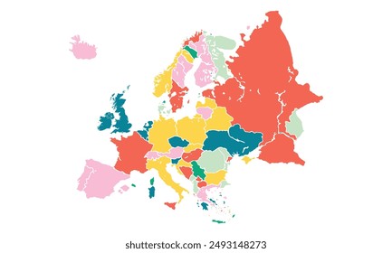 Europe map with individual colors,isolated on white background for website layouts,background,education, precise,customizable,Travel worldwide,map silhouette backdrop,earth geography, political.