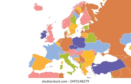 Europe map with individual colors,isolated on white background for website layouts,background,education, precise,customizable,Travel worldwide,map silhouette backdrop,earth geography, political.