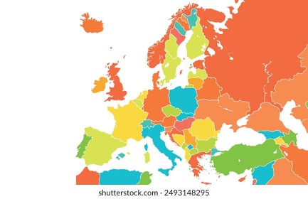 Europe map with individual colors,isolated on white background for website layouts,background,education, precise,customizable,Travel worldwide,map silhouette backdrop,earth geography, political.