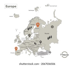 Europe map, individual states with names, Infographics and icons vector