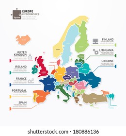 Europe Map Infographic Template jigsaw concept banner. vector illustration