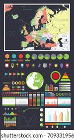 Europe Map and Infographics design elements. Business template in flat style for presentation, booklet, website and other creative projects.