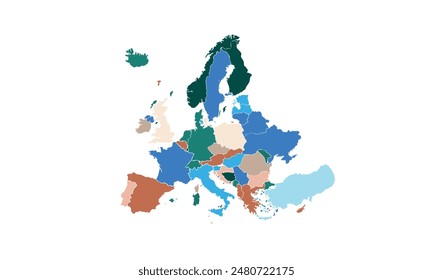 Europe map isolated modern colorful style. for website layouts, background, education, precise, customizable, Travel worldwide, map silhouette backdrop, earth geography, political, reports.