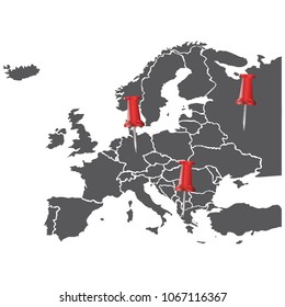Europe map isolated on a white background with red pin. Europe background. Map of Europe. Vector illustration