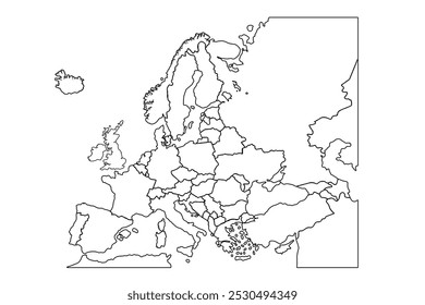 Europe map isolated on white background.world map outline, linear doodle illustration.sketch for coloring