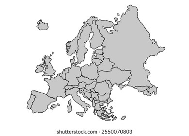 Mapa da Europa isolado em fundo branco.para layouts de site, plano de fundo, geografia, política, relatórios."Este conteúdo foi criado usando ferramentas de desenho vetorial e software, não gerado pela IA"