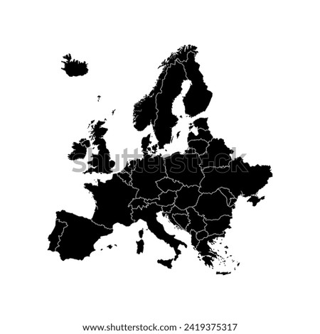 Europe map isolated on white background. High detailed. Vector illustration. Germany, Netherlands, Belgium, Luxembourg, Austria, Switzerland, France, Monaco, Liechtenstein, Ireland, Great Britain.