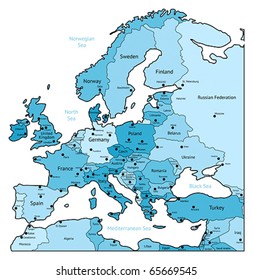 Europe map of light blue colors. Names, town marks and national borders are in separate layers. Vector illustration.