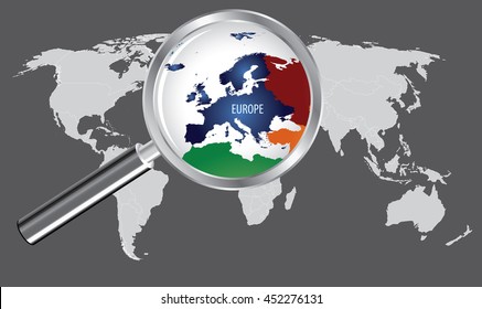 Europe Map with magnifying loupe