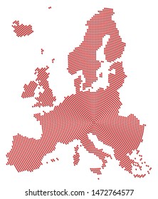 Europe map with many little red balls. Isolated vector illustration, radial pattern on white background.
