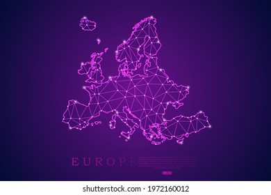 Europe Map mash line and point scales on purple technology background. Wire Frame 3D mesh polygonal network line, design sphere, dot and structure -  Vector illustration eps 10.