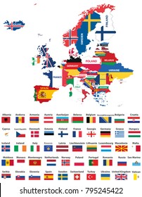 Europe Map Mixed With Countries National Flags. All European Flags Vector Collection