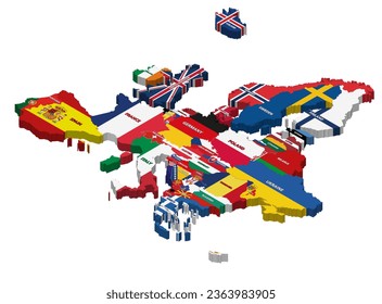 Europe map mixed with national flags and countries names. Vector isometric illustration