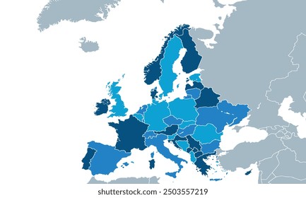 Mapa de Europa con colores modernos para diseños de Sitio web, fondo, educación, preciso, personalizable, Viajar por todo el mundo, fondo de silueta de mapa, geografía terrestre, política, informes.