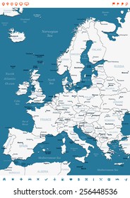 Europe map and navigation icons - Illustration
