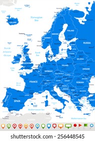 Europe - map and navigation icons - illustration Image contains next layers: - land contours - country and land names - city names - water object names - navigation icons 