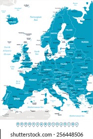 Europe - map and navigation labels - illustration Image contains next layers: - land contours - country and land names - city names - water object names - navigation icons 