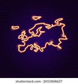 Mapa da Europa Neon Continent. Ilustração em Arte Brilhante Vetorial de Forma Geográfica. Geografia e Cartografia. Objeto De Lâmpada De Led.