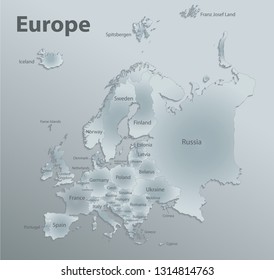 Europe map, new political detailed map, separate individual states, with state names,, glass card paper 3D vector