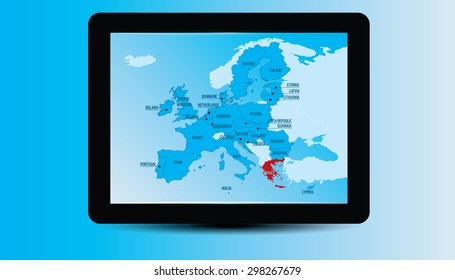 Europe Map on tablet device, with EU countries selected, with country names, and Greece in red color