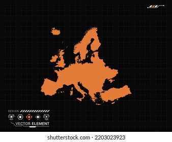 Europe map of orange digital frame HUD, GUI, UI interface technology radar vector.